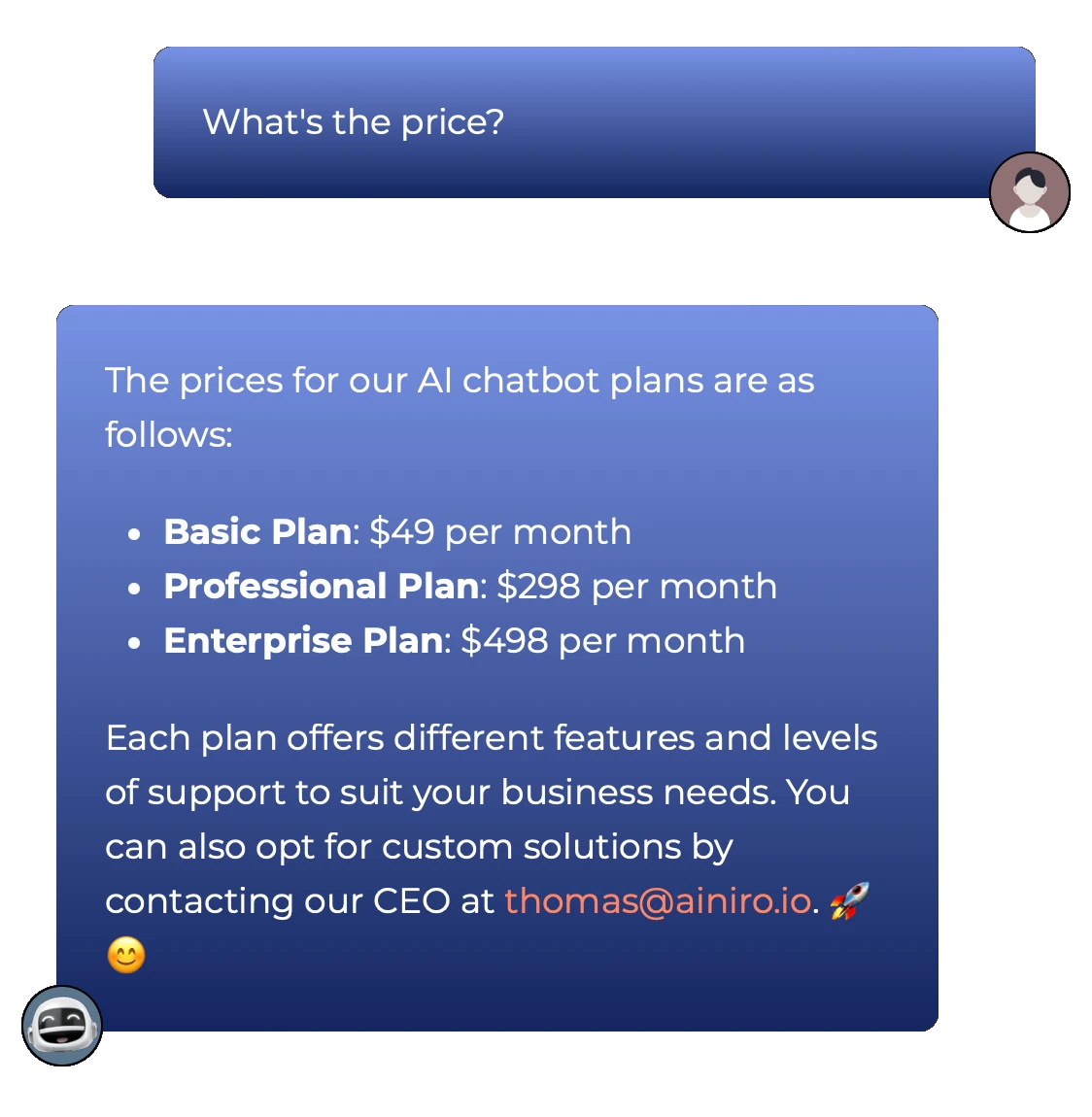 Our AI chatbot embedded on our website answering questions about price to help sell