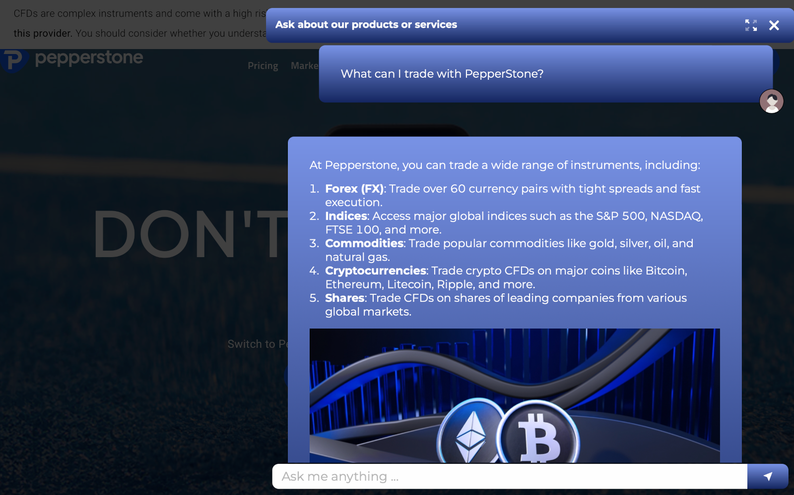 PepperStone AI chatbot answering questions about products