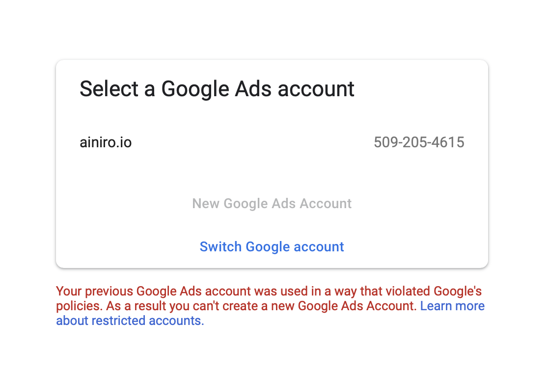 AINIRO banned by Google Ads