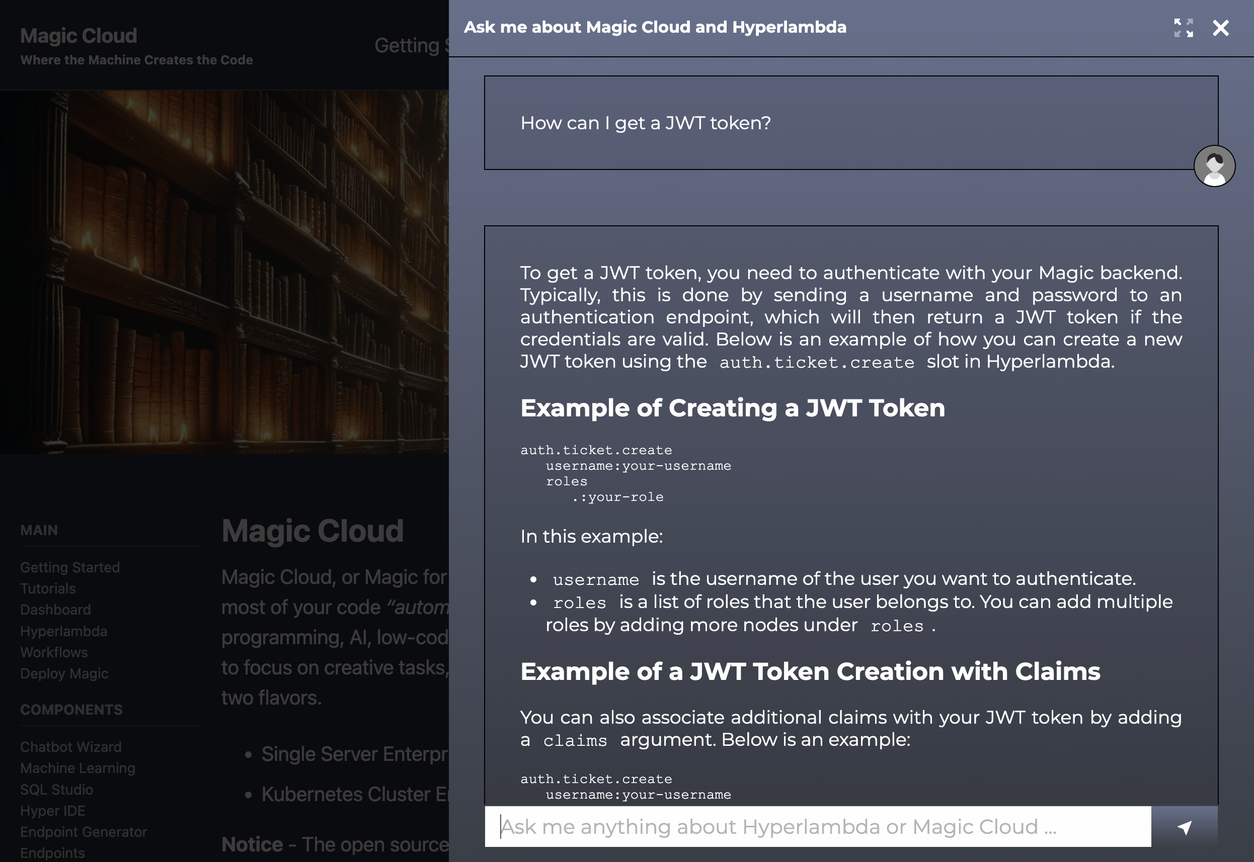 AI chatbot explaining how to get a JWT token