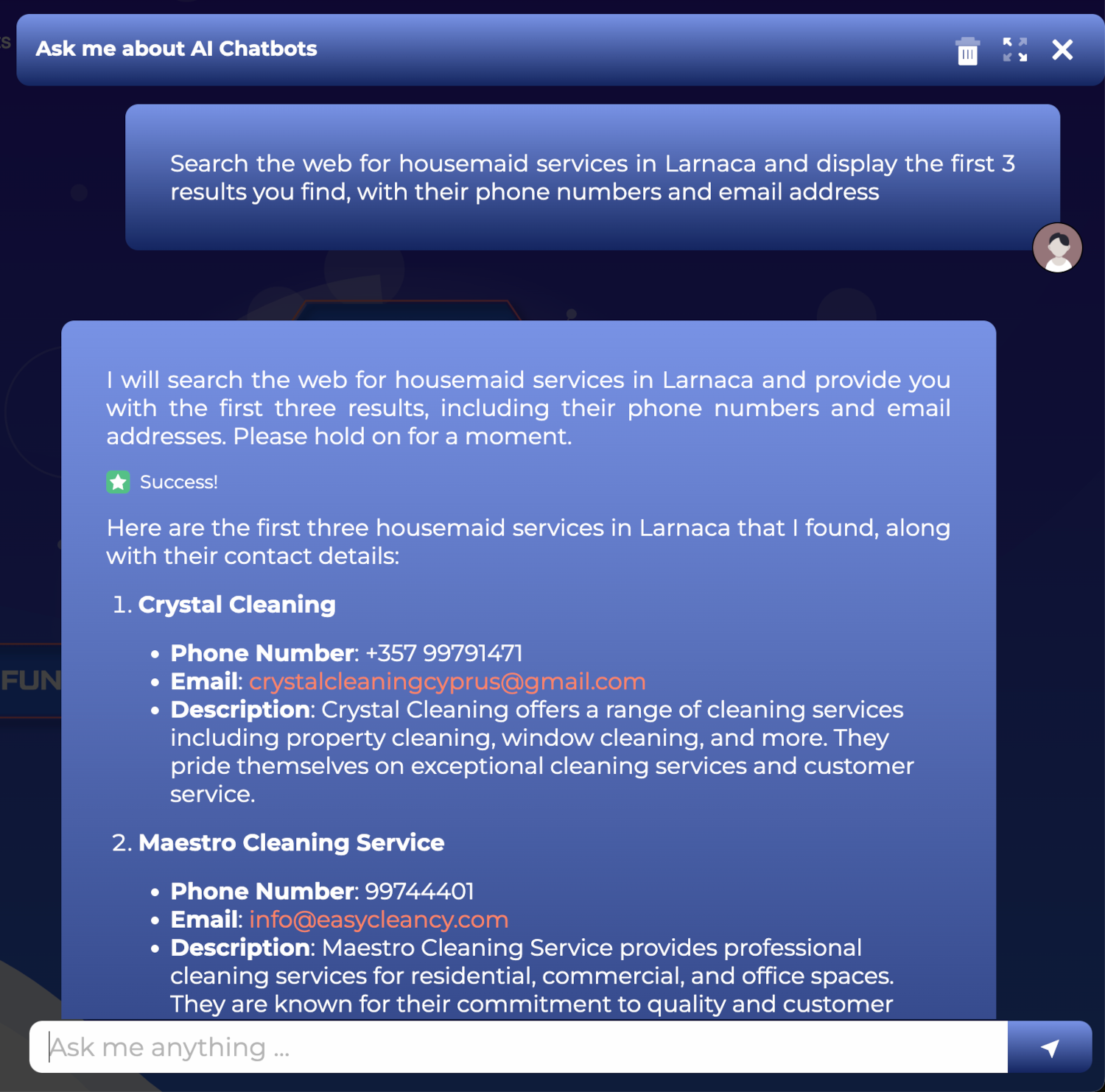 An AI chatbot searching the web for housemaid services