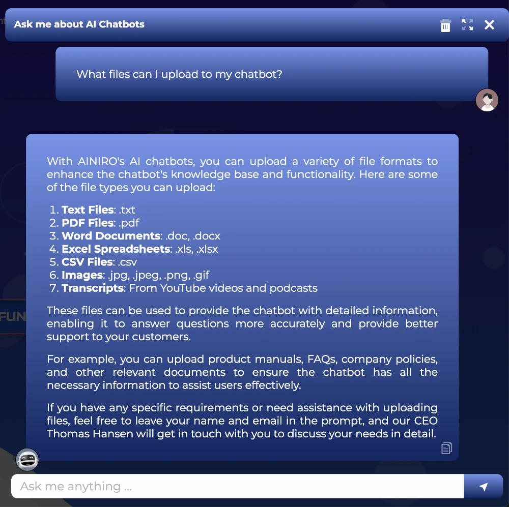 AI chatbot answering what files you can upload to your AI chatbot
