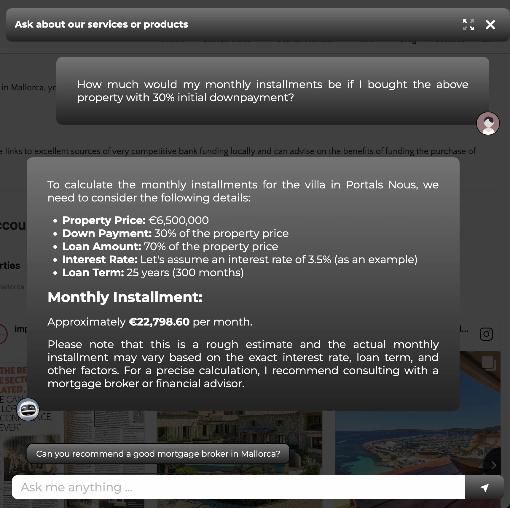 Our Real Estate AI chatbot calculating monthly payments for a mortgage on a house