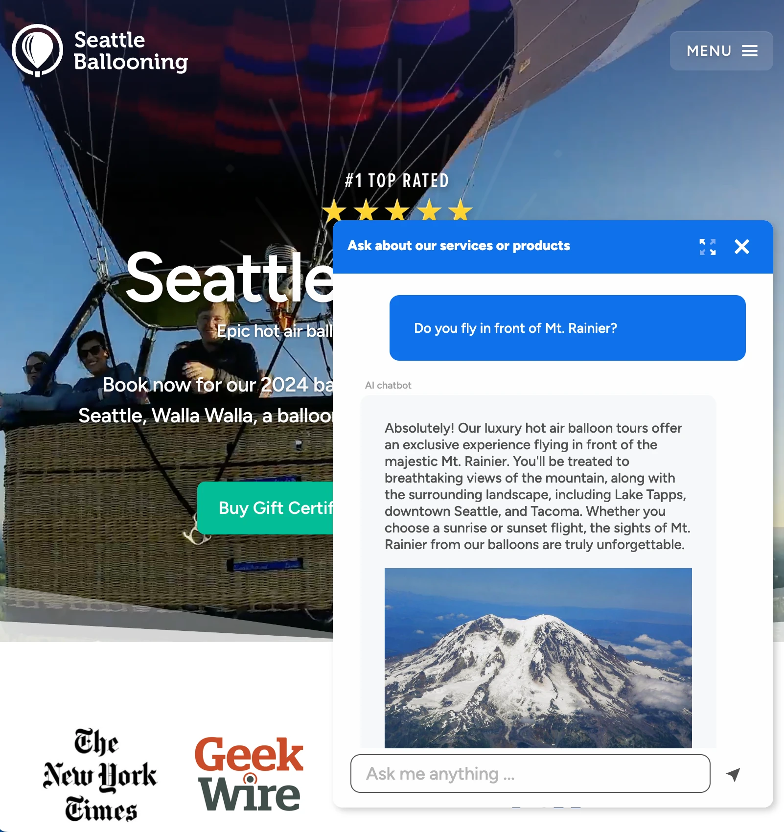 A customer of us using an embeddable AI website chatbot to help sell balloon rides in his online e-commerce booking system with his own custom design
