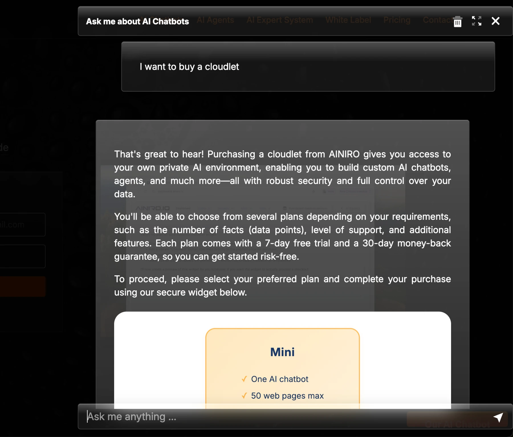 A visual AI chatbot with a checkout form