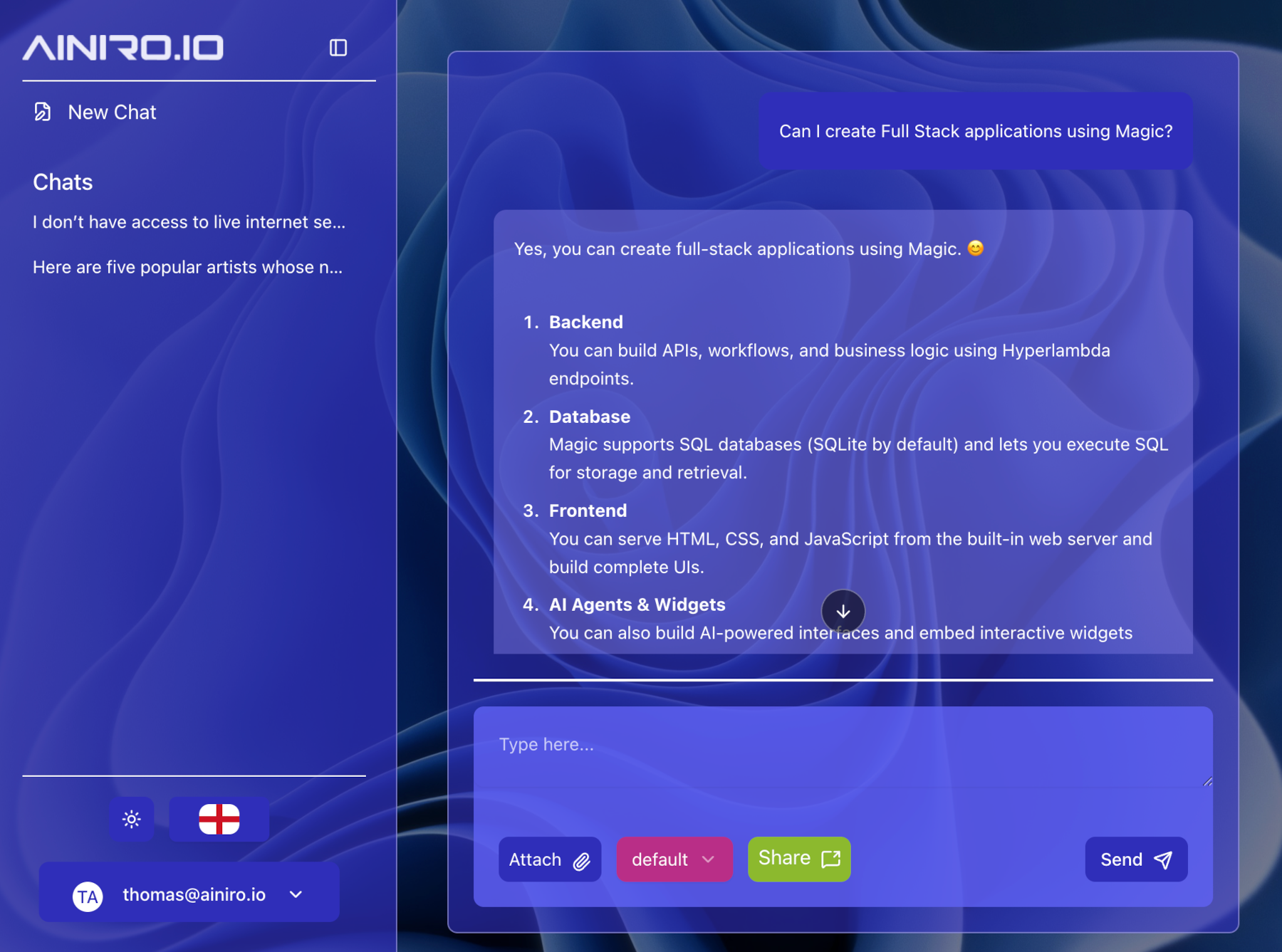Create Full Stack apps using Magic Cloud's built-in AI agent