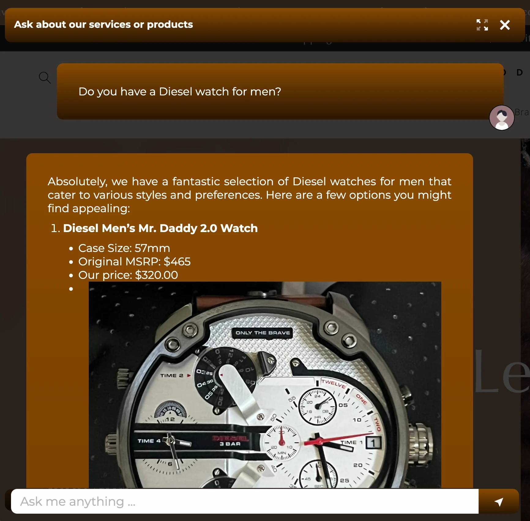 An E-Commerce AI Chatbot displaying a product image of a Diesel Watch at Club de Mode