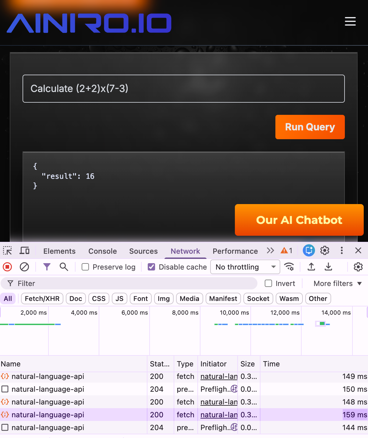 Performance of our Natural Language API around 150 milliseconds