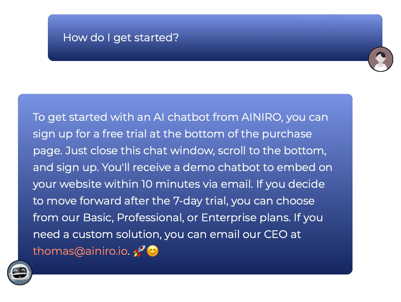 Our AI chatbot on our website answering questions about how to get started and have your own AI chatbot on your website