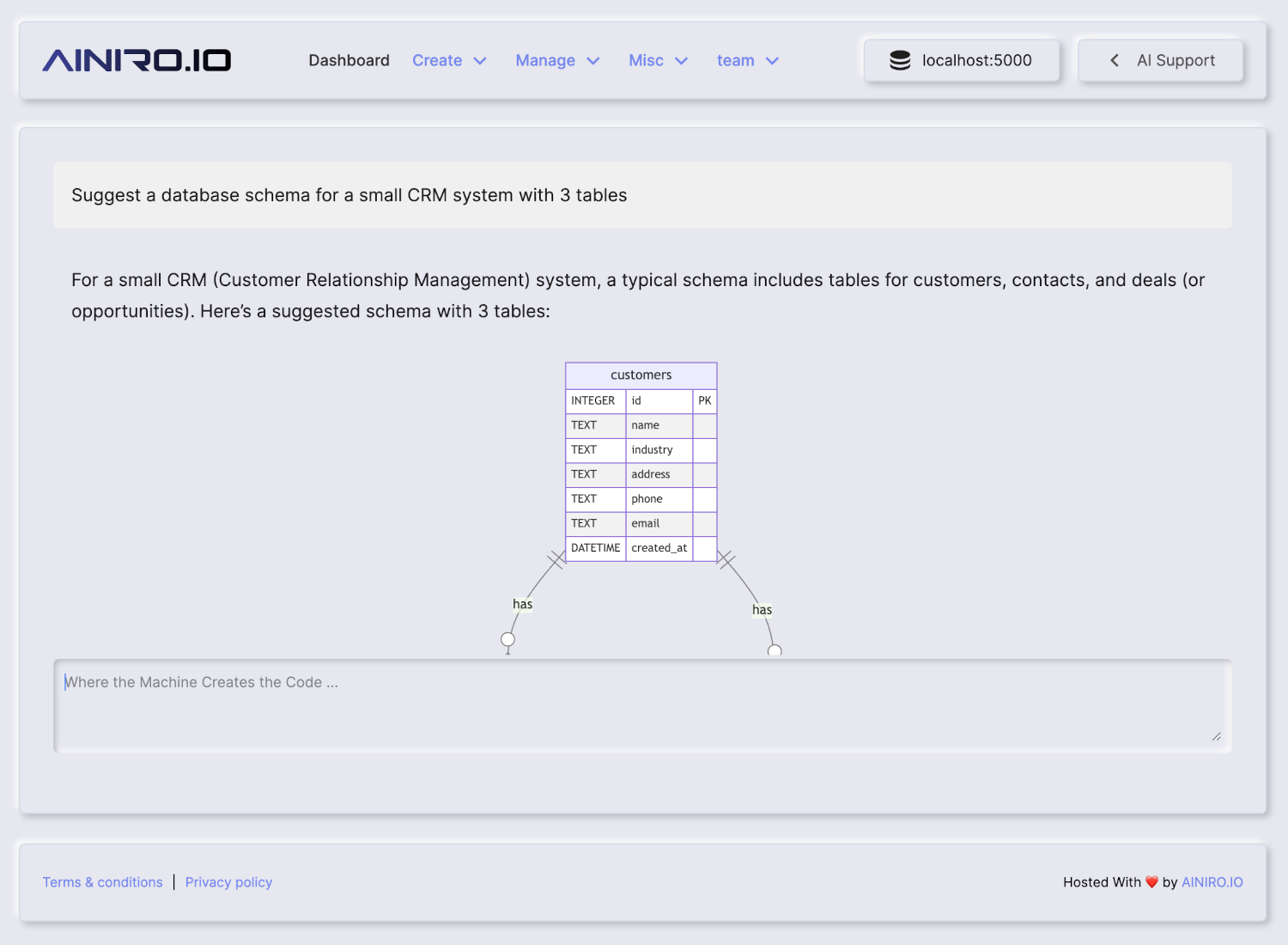 Our AI Agent helping a user with creating a database