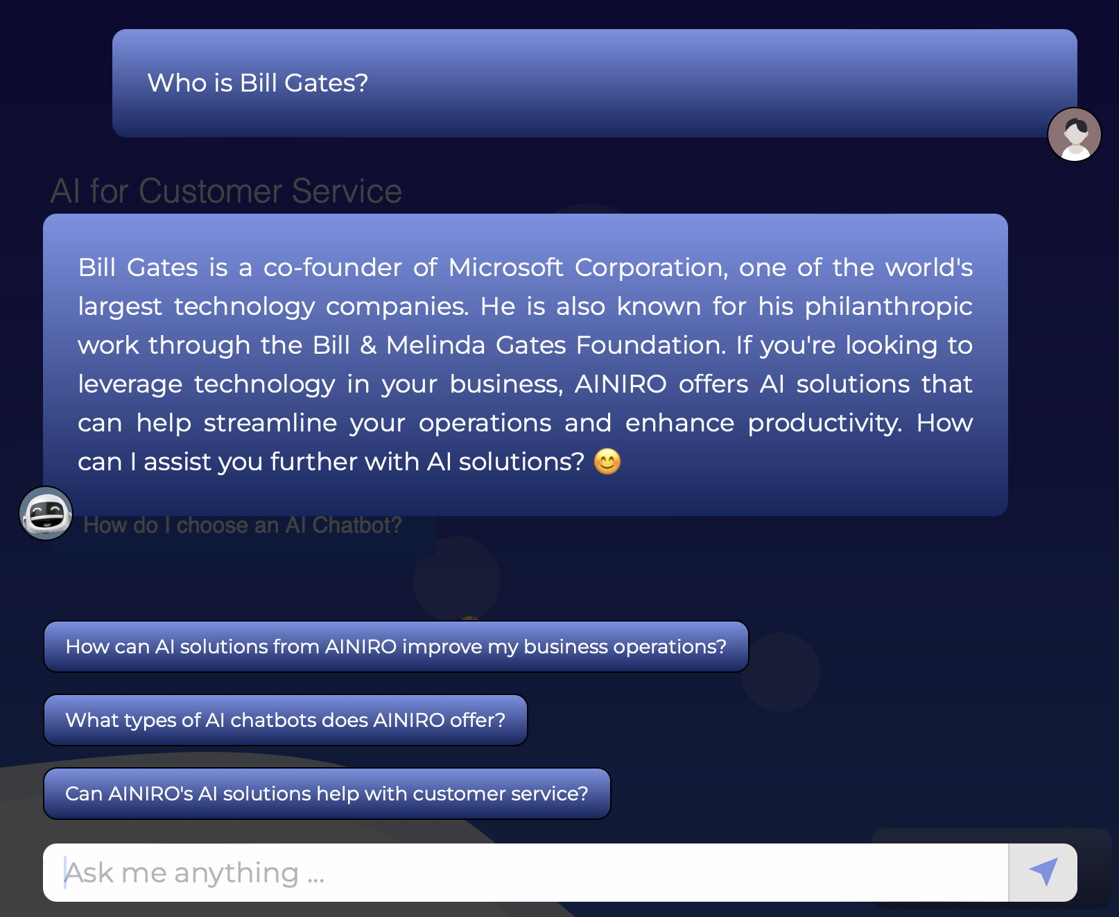 Our AI chatbot answering questions about Bill Gates