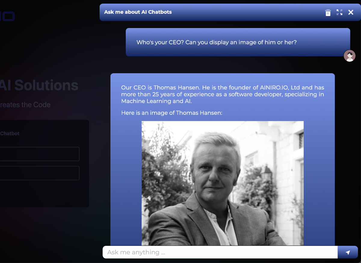 Our AI chatbot displaying images of our CEO