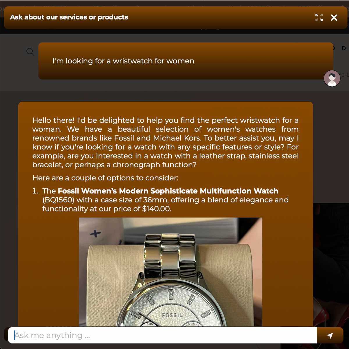 An AI chatbot displaying product images in an e-commerce website