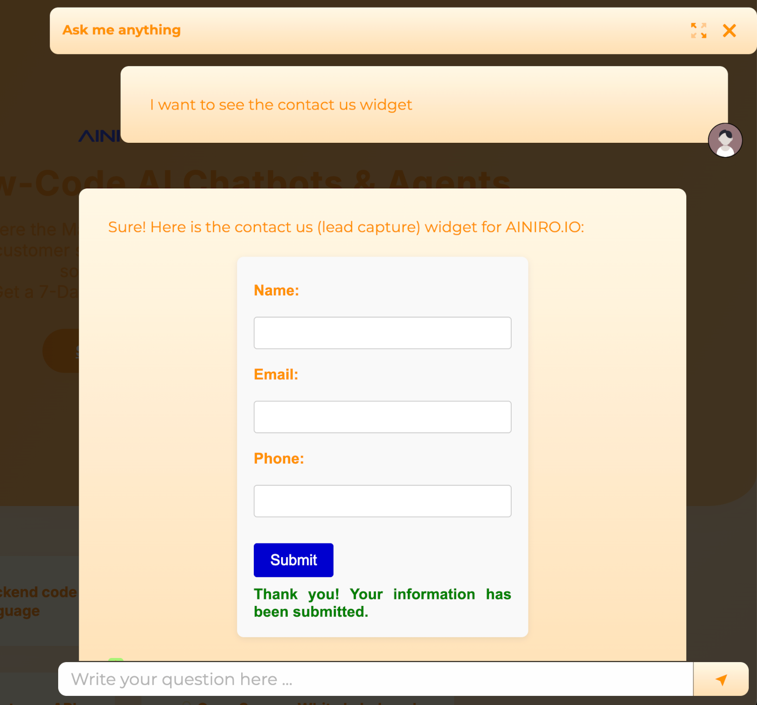 Chatbot widget collecting names, emails, and phone numbers