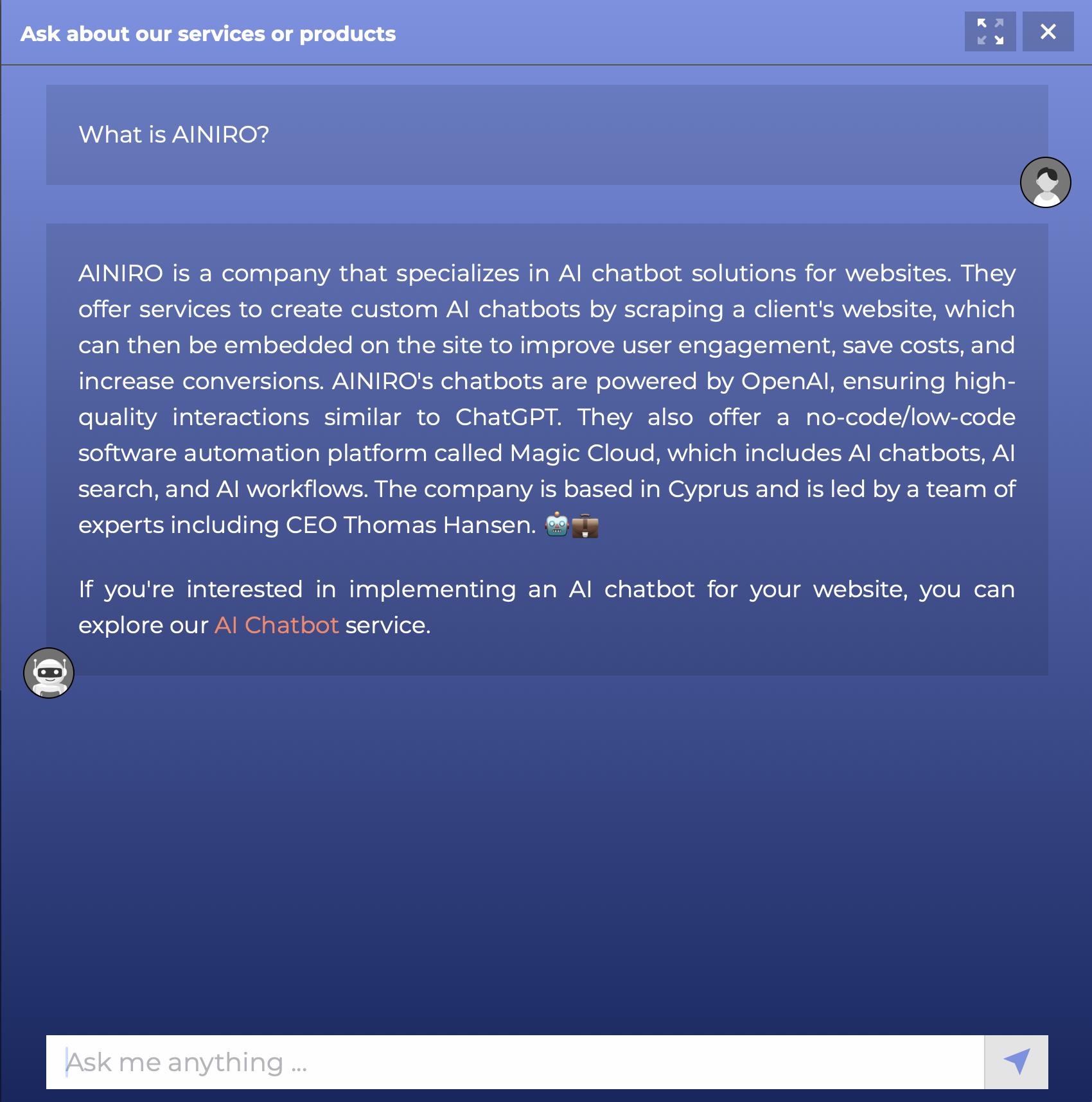 AINIRO's AI chatbot