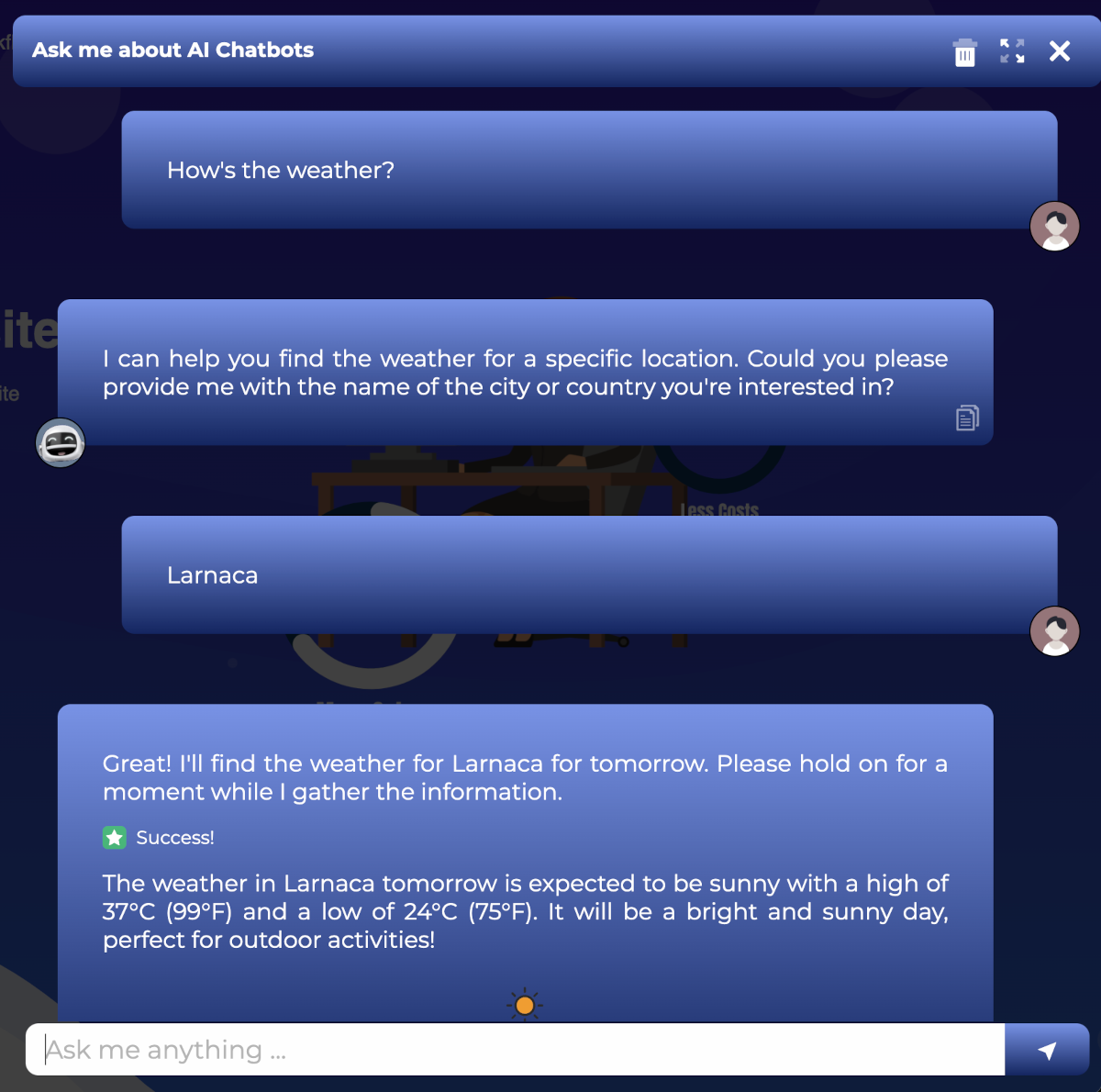 Asking our AI chatbot about the weather