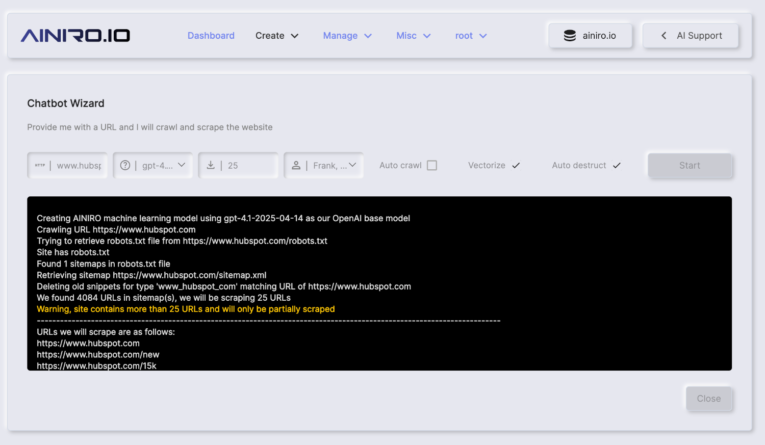 Using the Chatbot Wizard to create a RAG-based AI chatbot