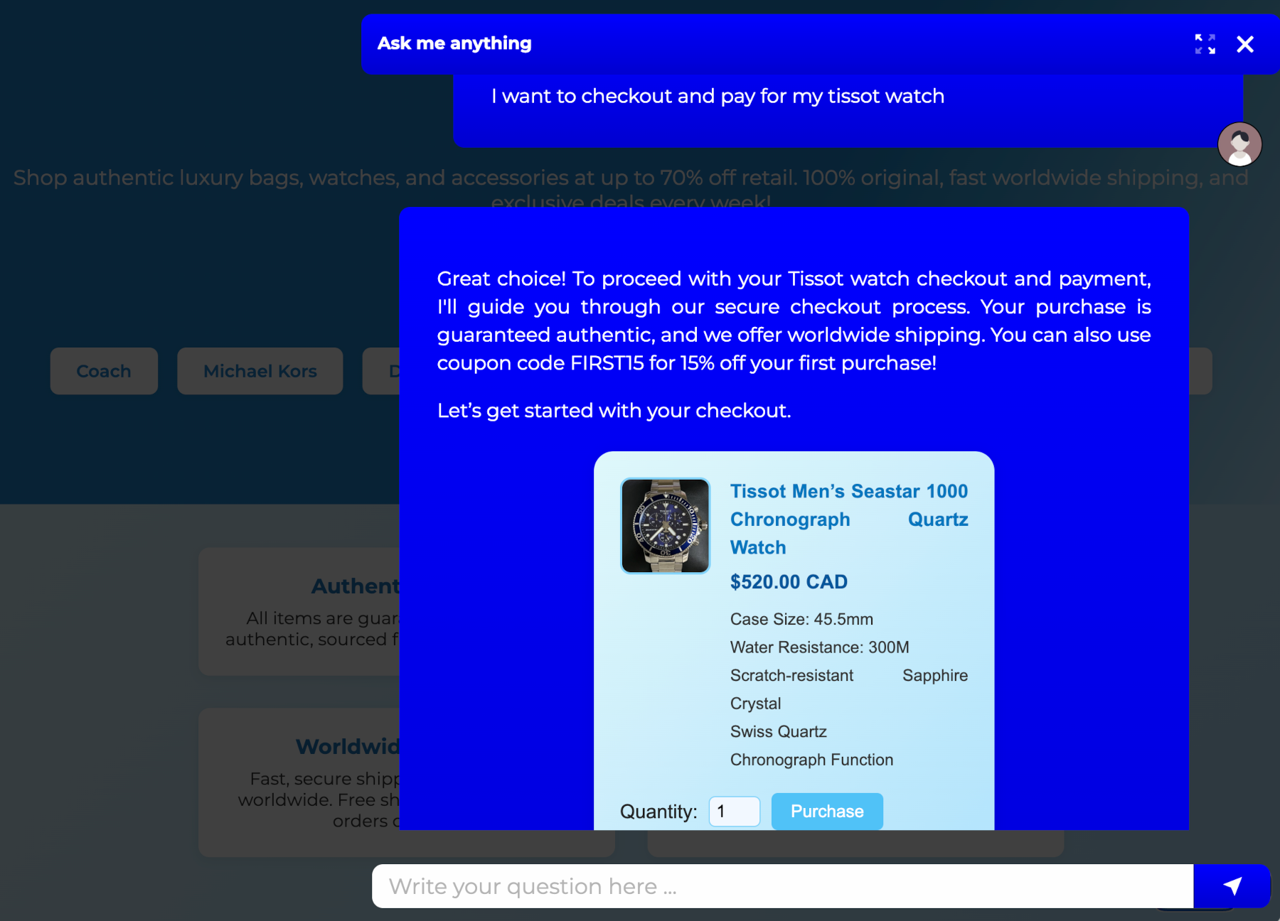 An AI chatbot with a checkout cart