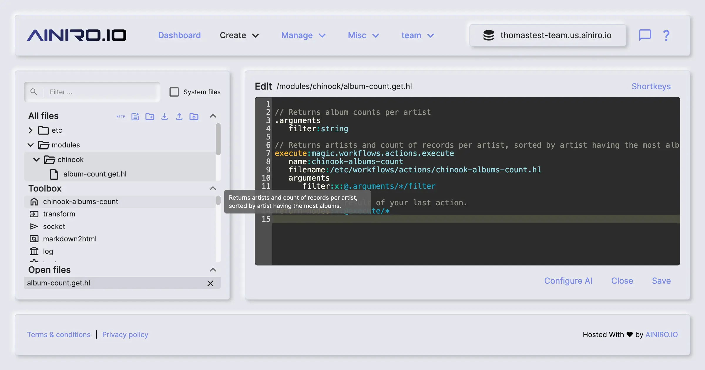Your newly created Chinook workflow action