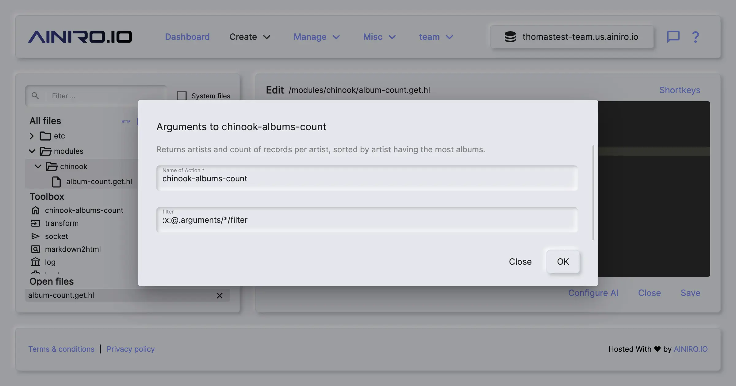 Your newly created Chinook workflow action