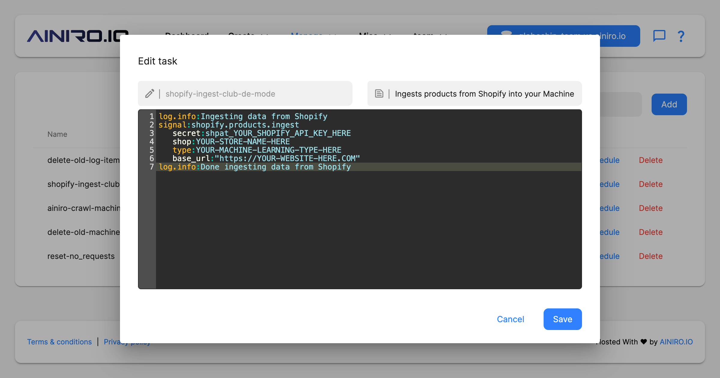 Creating a scheduled task that synchronizes your Shopify account with your AI chatbot