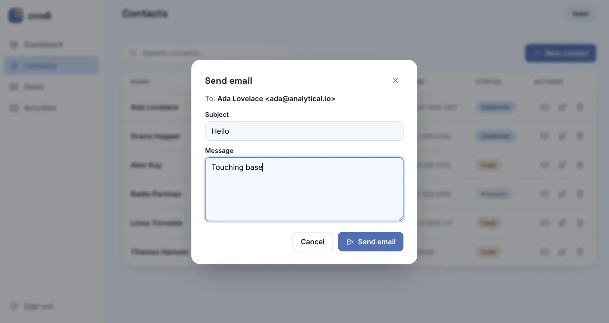 Sending an email to a contact directly from the CRM