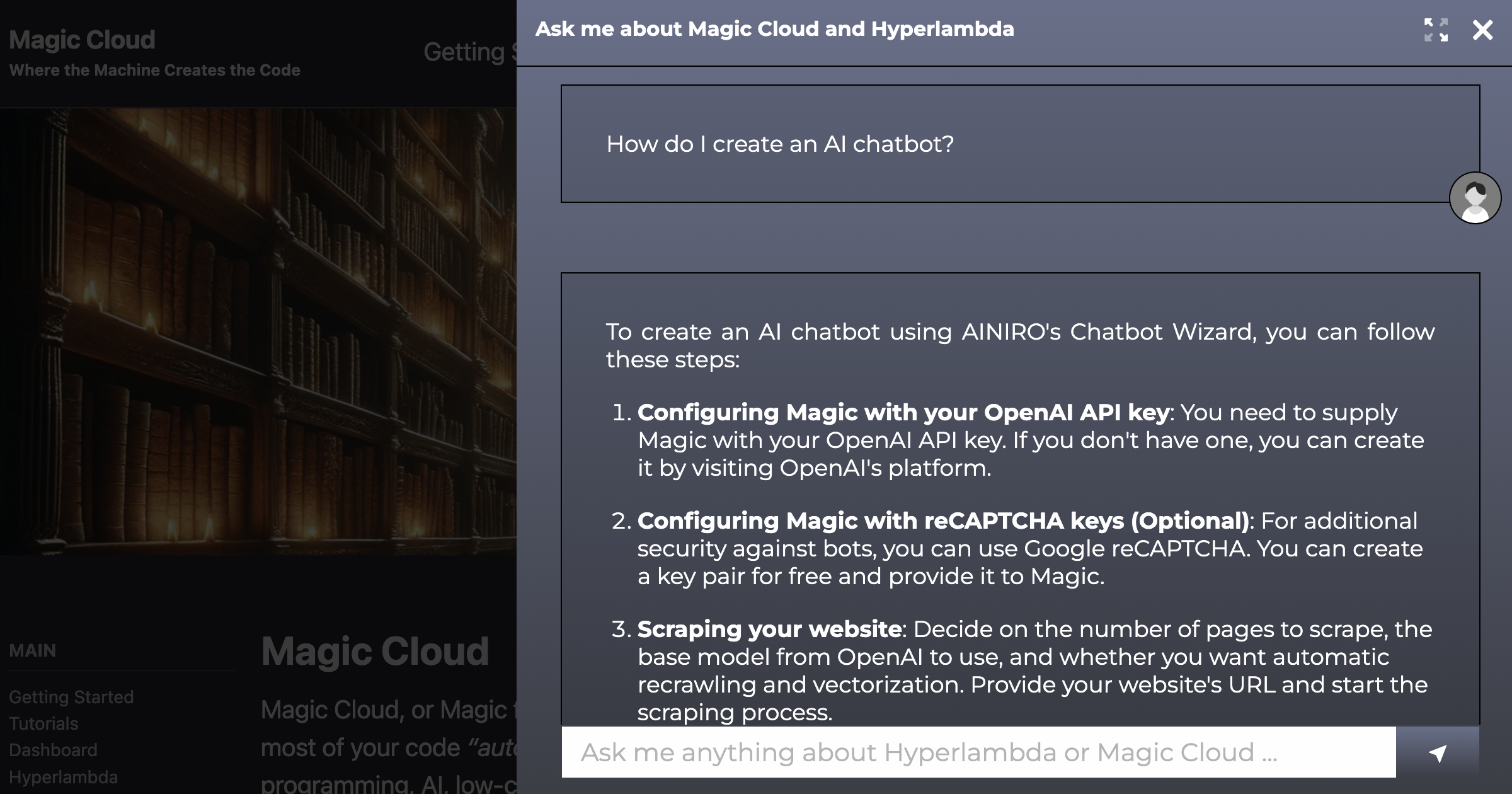 Our AI chatbot explaining how to create an AI chatbot