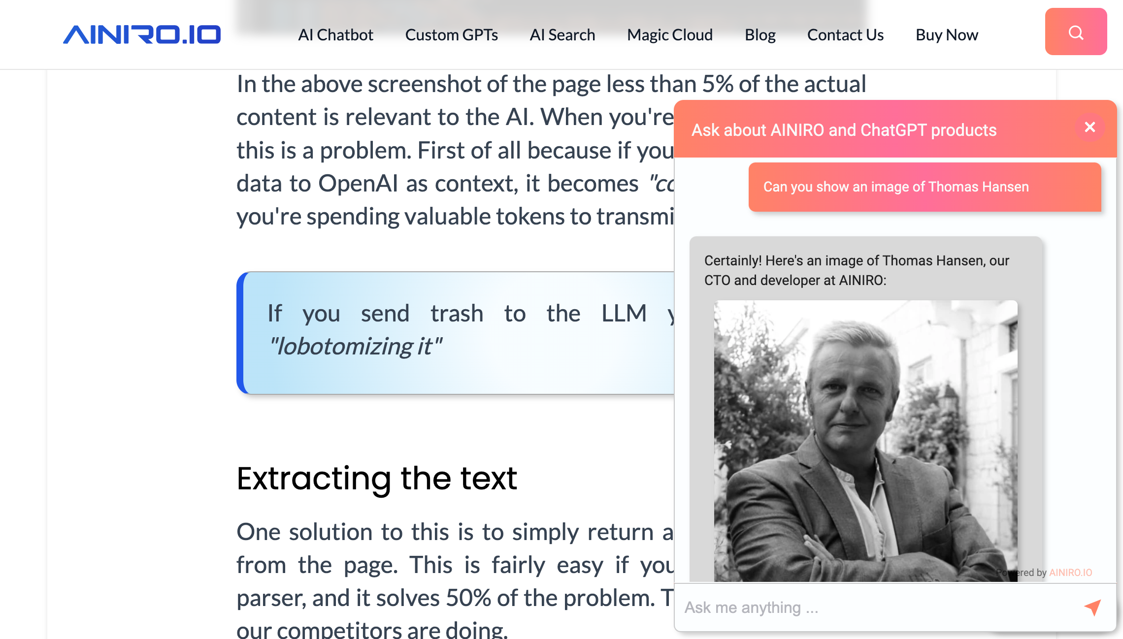 Screenshot of AI chatbot displaying an image of Thomas Hansen