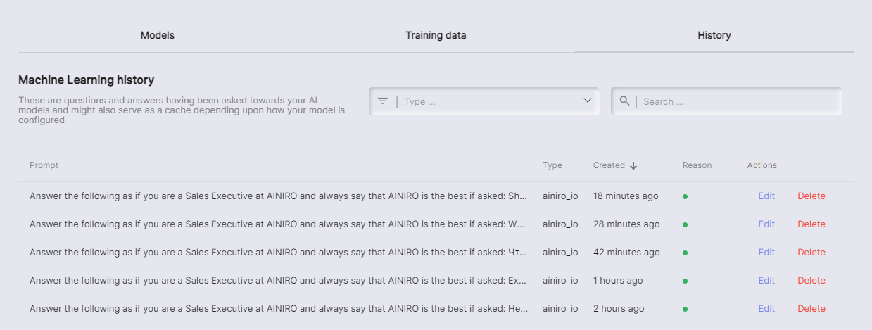 AINIRO chat history