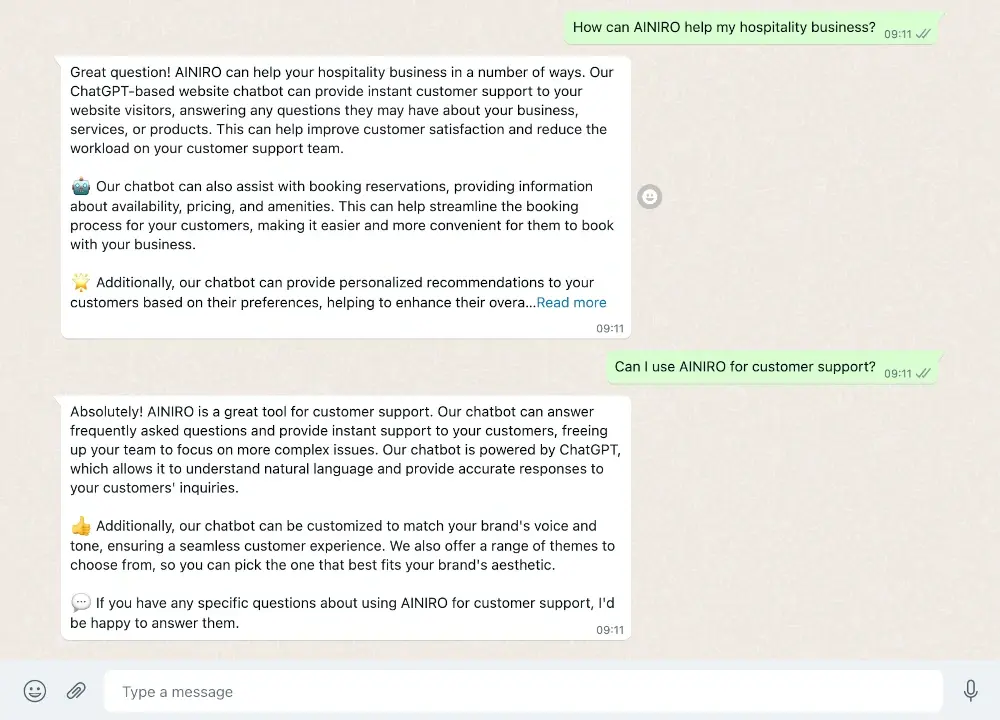 Image Screenshot of using AINIRO's ChatGPT AI chatbot solution for customer service