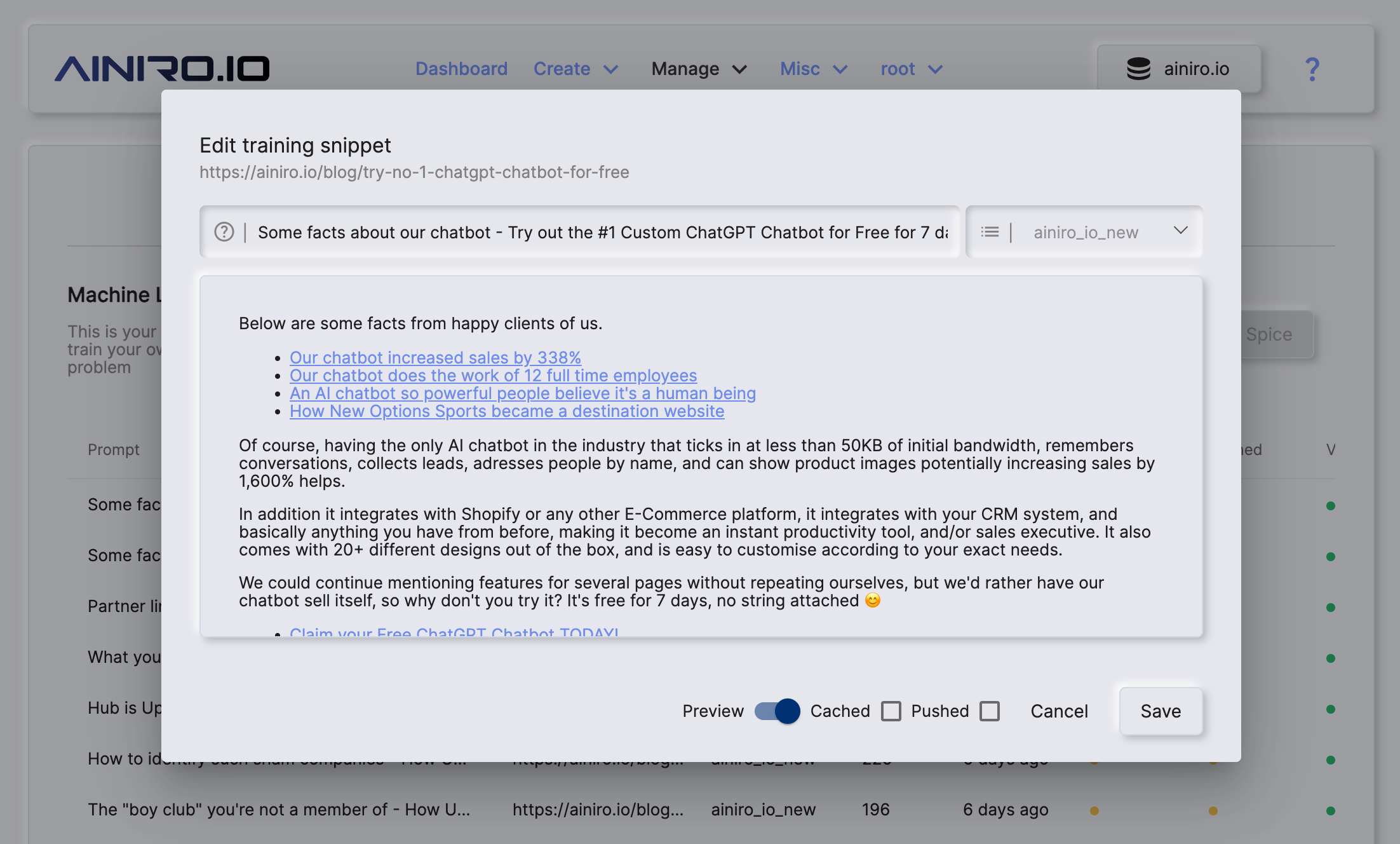 Example training snippet for our chatbot