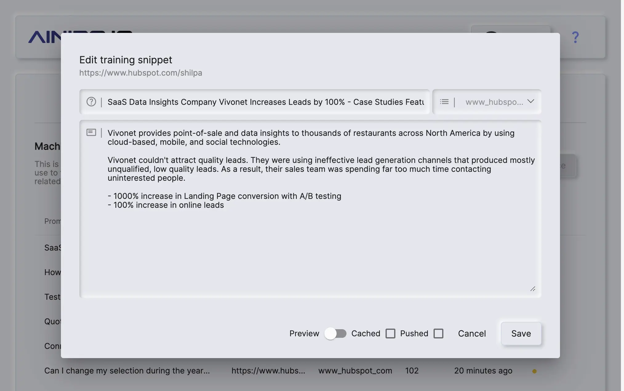 Editing a training snippet