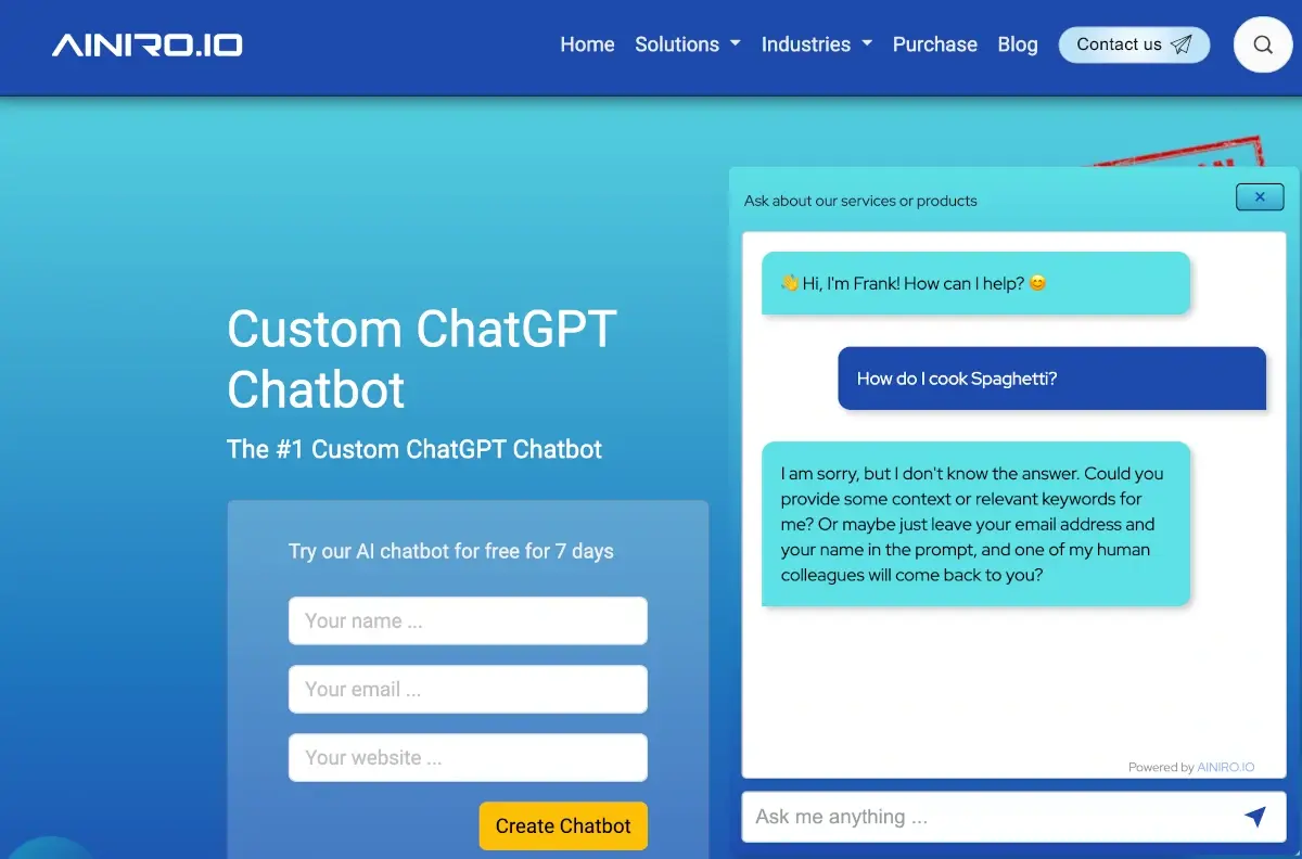 Our chatbot refusing to answer how to cook Spaghetti