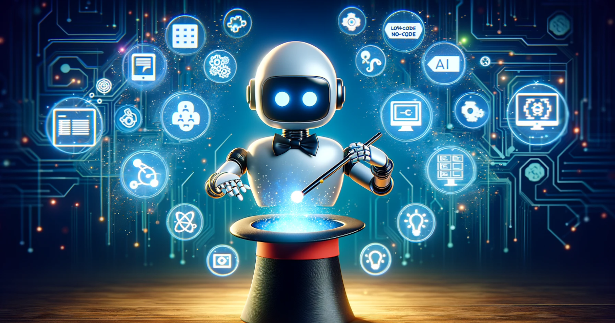Magic AI robot pulling Low-Code software out of a Magic Hat