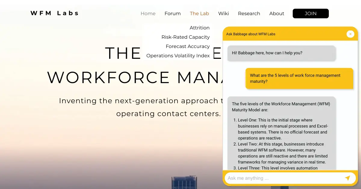 A screenshot of WFM Labs AI chatbot