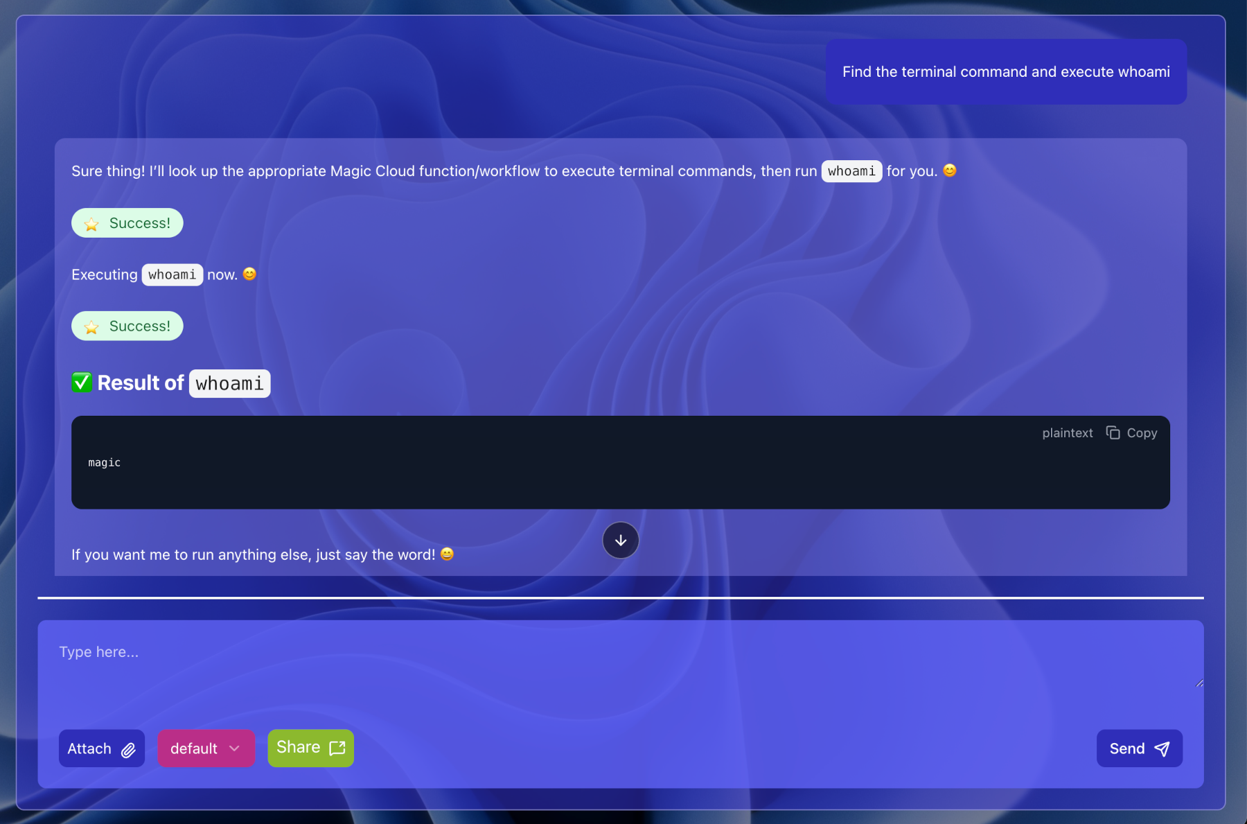 AI agent executing whoami in terminal