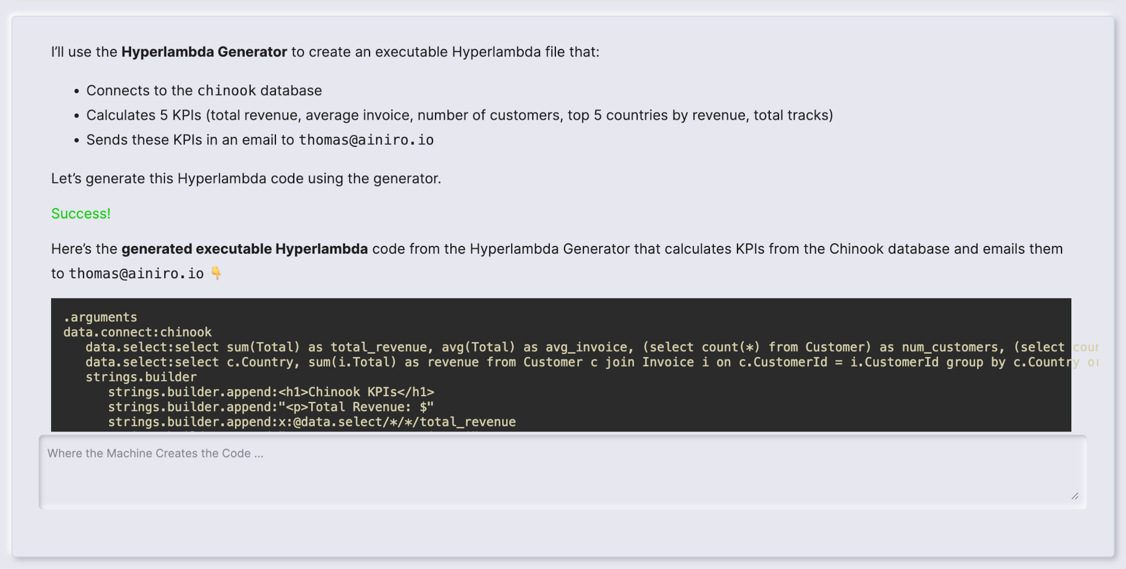 An example of generating Hyperlambda that retrieves KPIs