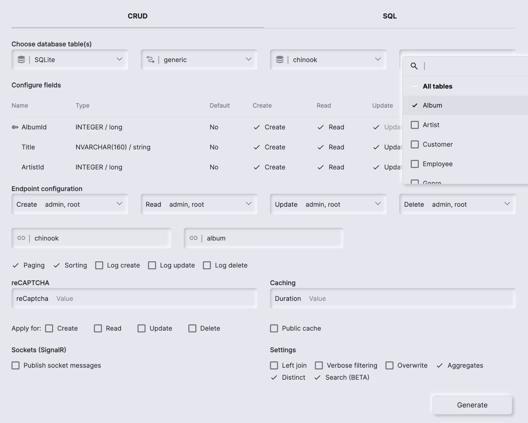 CRUD generator showing how to automatically generate CRUD endpoints wrapping yoru database