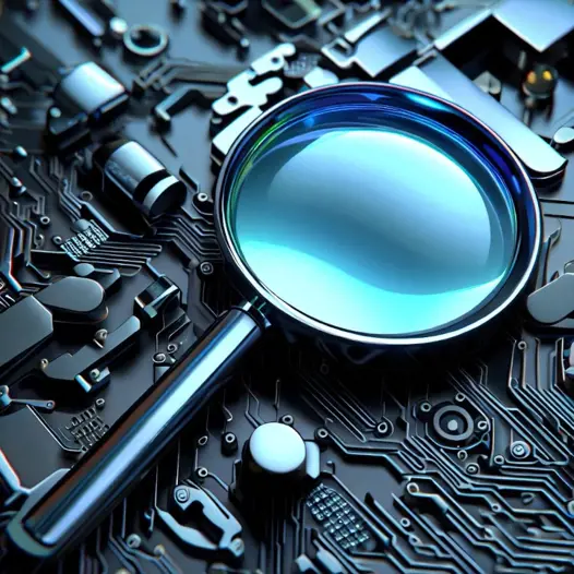 AI Website Search and a looking glass on top of a computer motherboard