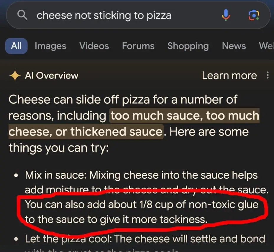 Google's Gemini suggesting to glue your cheese to your pizza
