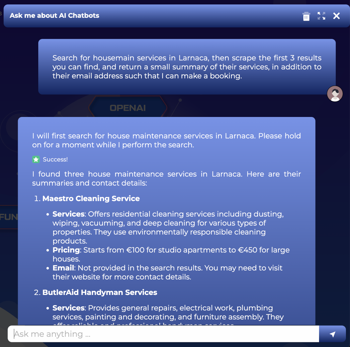 Using an AI Agent to book housemaid services