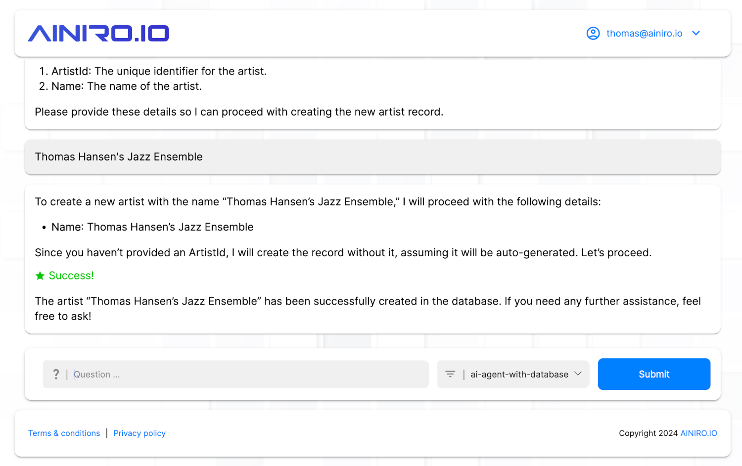 AI Agent with SQL database CRUD access