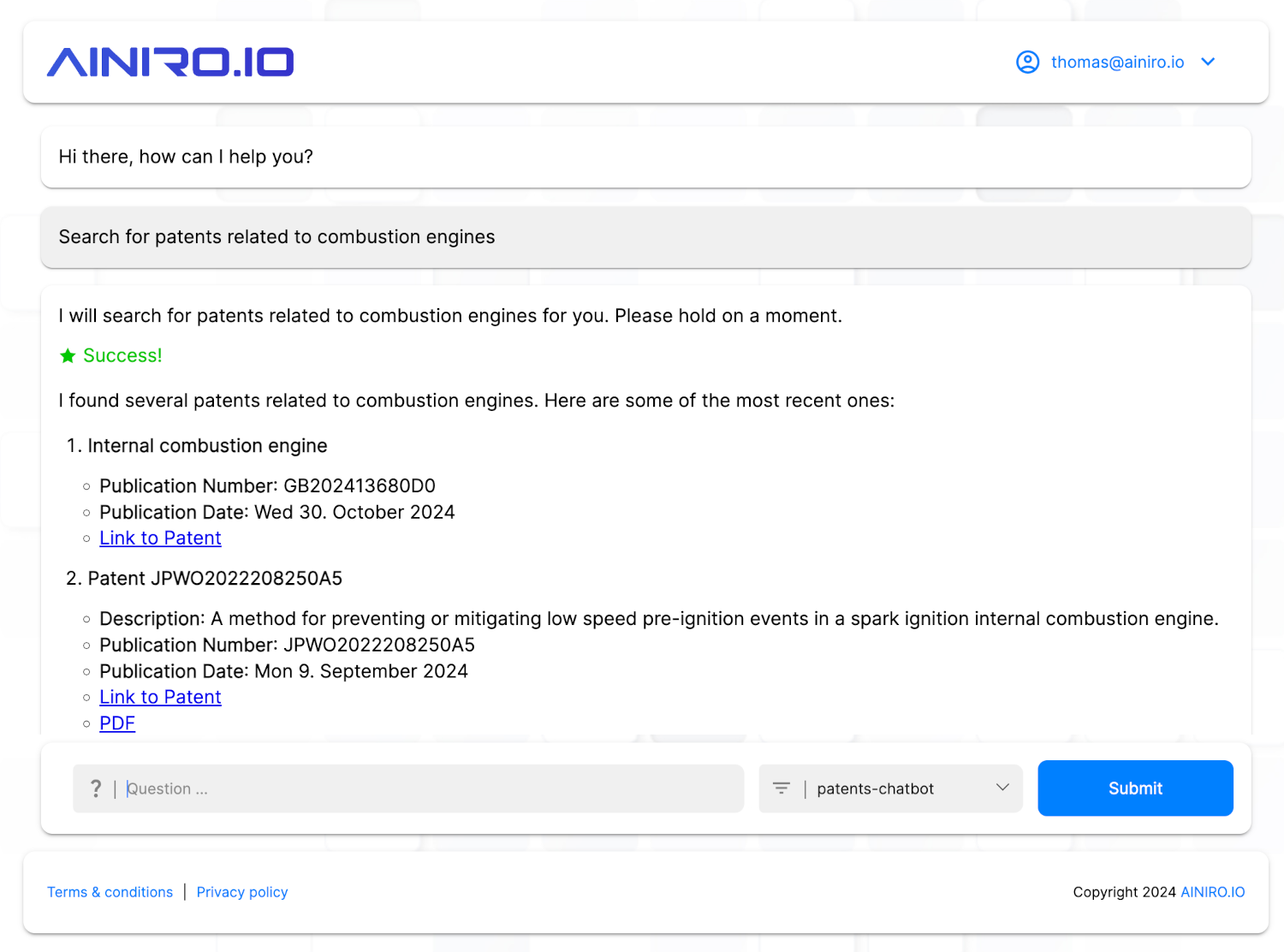 Screenshot of AI agent with patent search