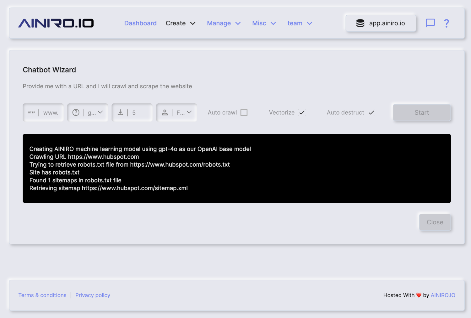 AI Chatbot Wizard creating a demo AI chatbot