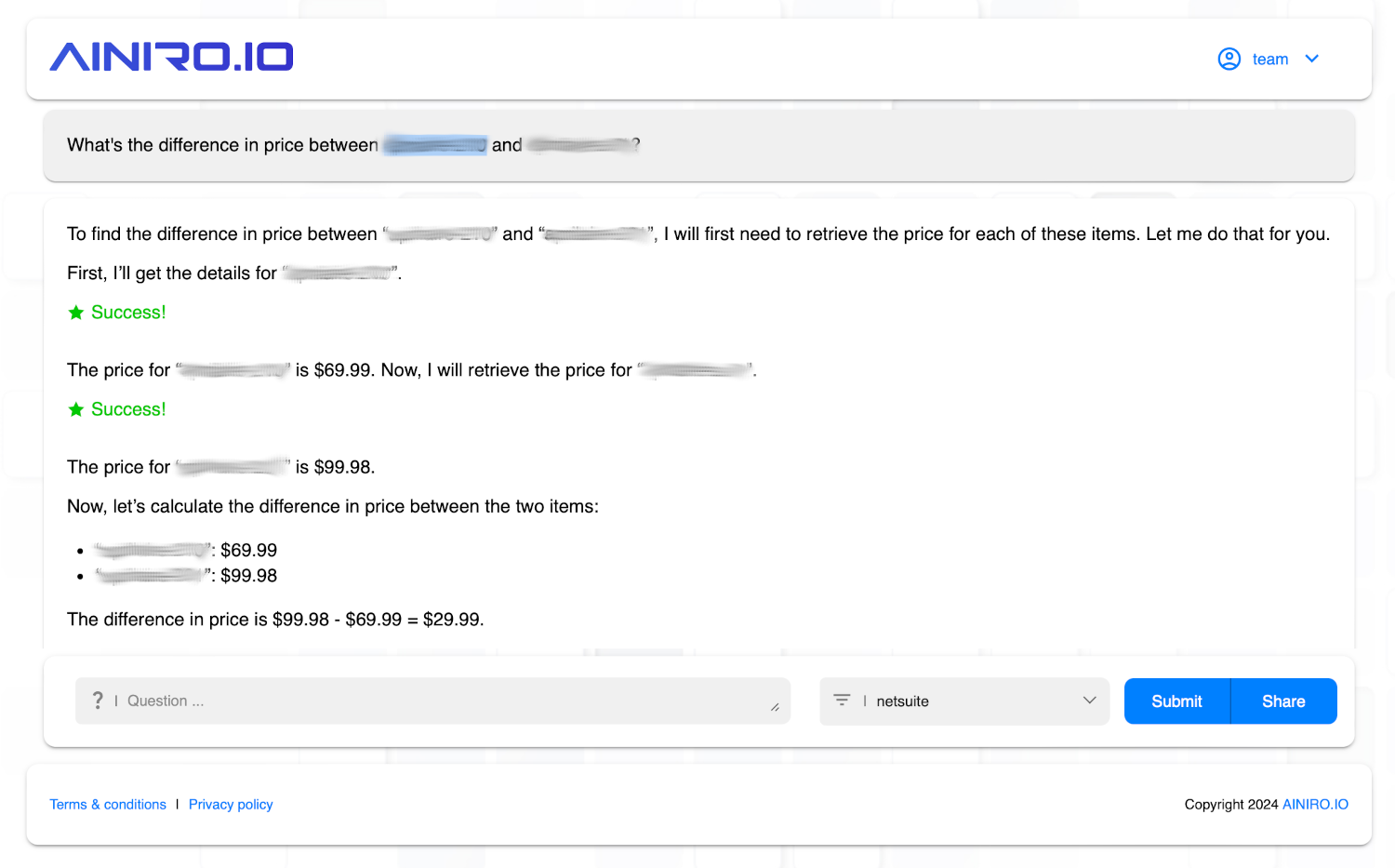 AI Expert System showing price differences taken from NetSuite