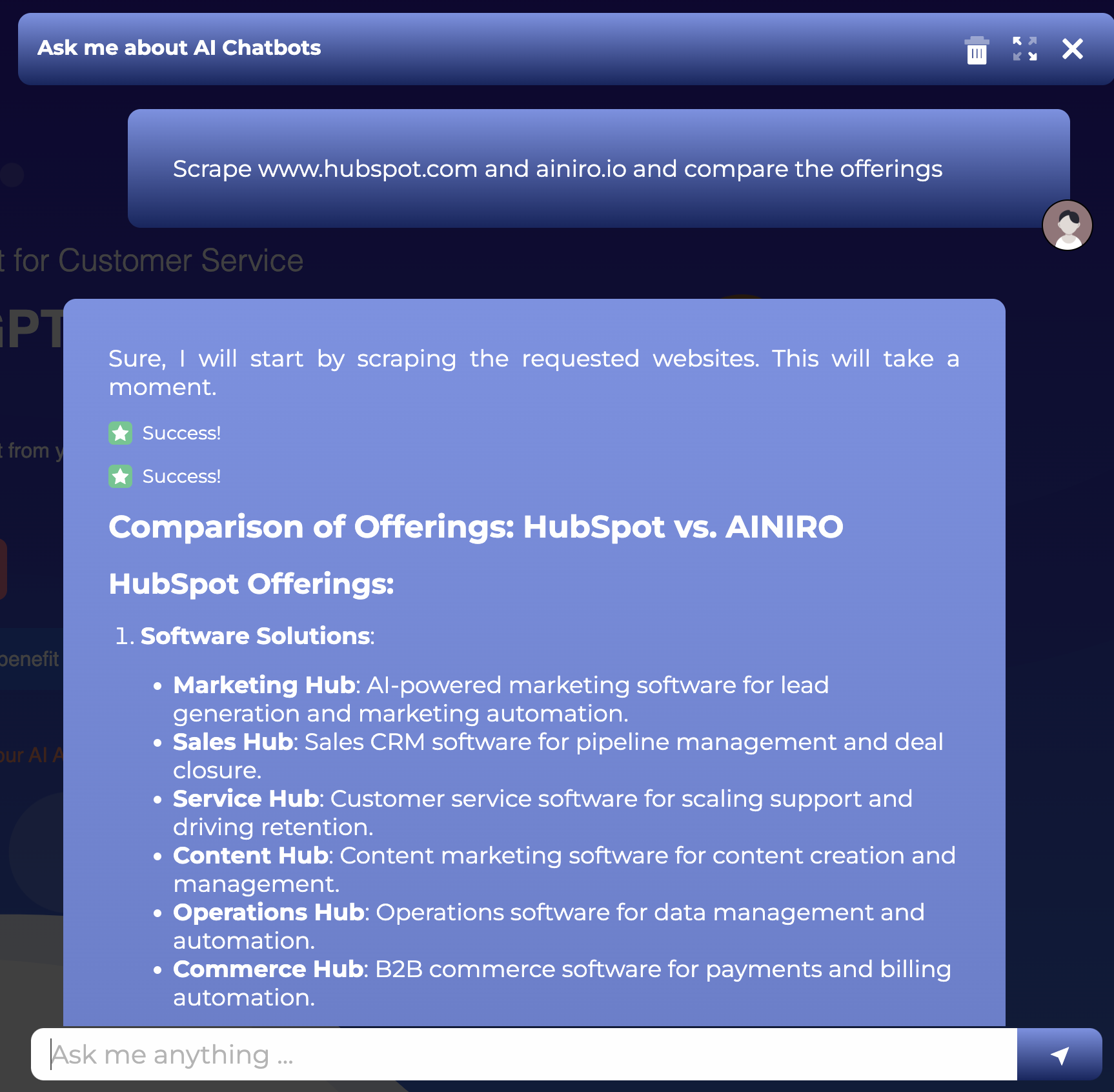 Using our AI functions to compare HubSpot to AINIRO