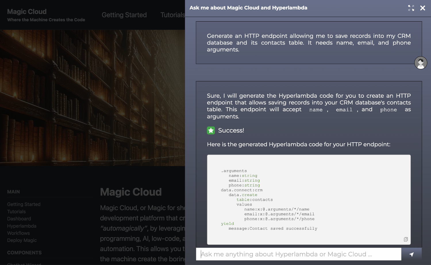 Hyperlambda Generator in action