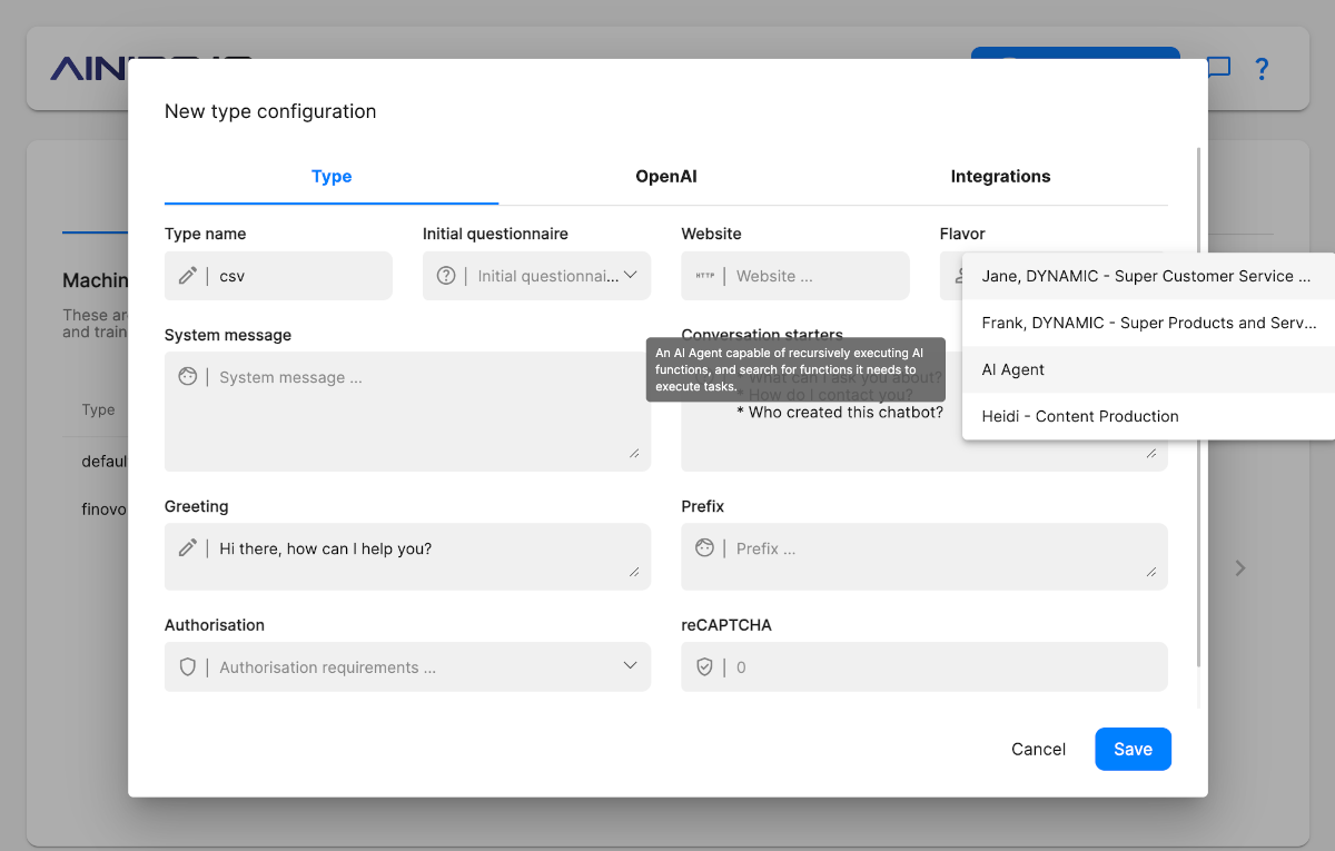 Create a machine learning type for your AI Agent