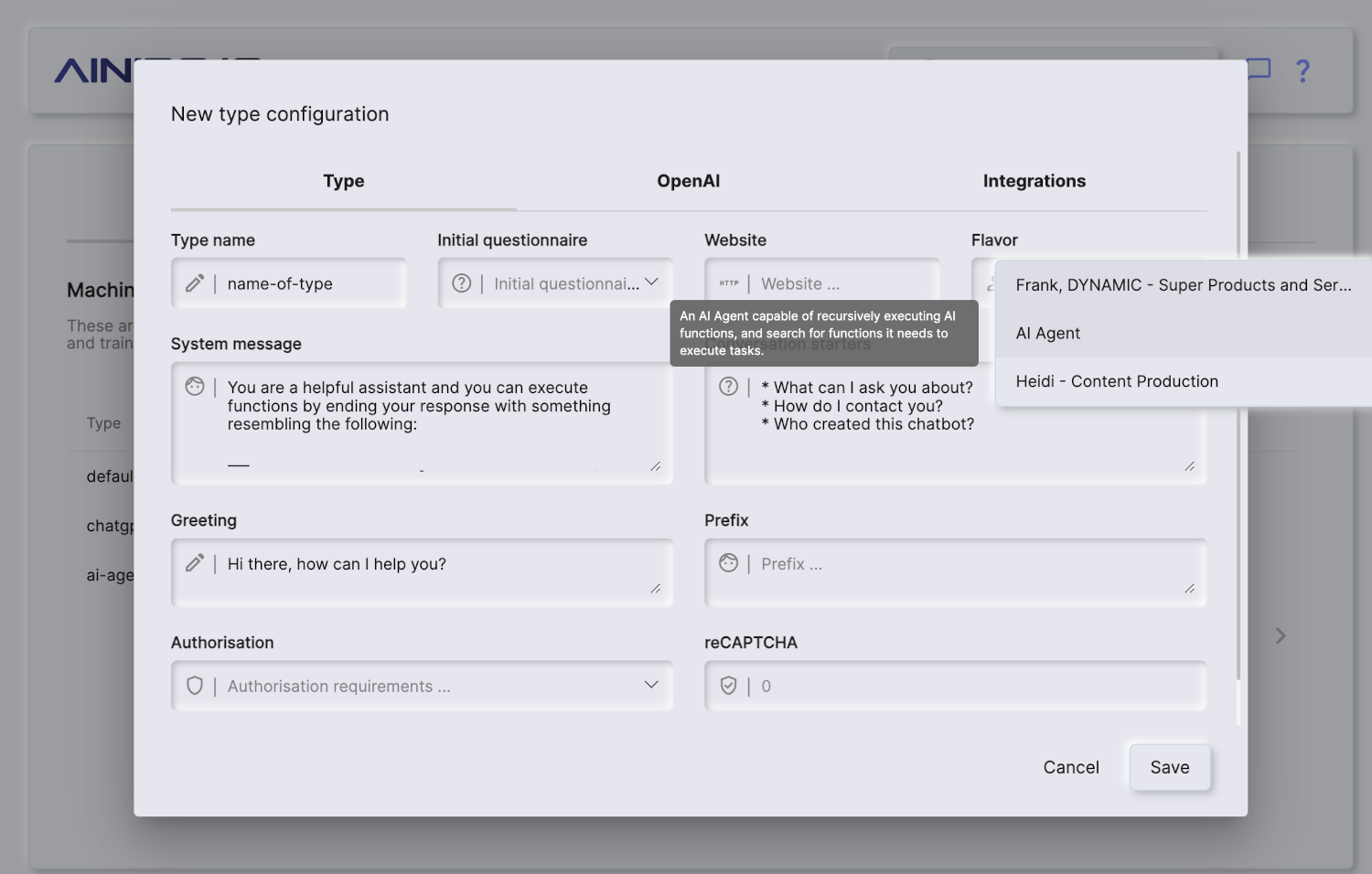 Creating an AI Agent Machine Learning type