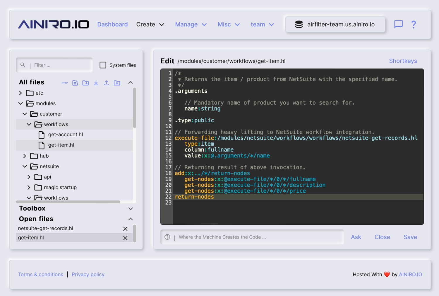 Custom Hyperlambda file for retrieving products from NetSuite